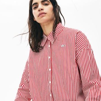 Lacoste LIVE Boxy-Fit Striped Cotton Shirt - Šortky Dámské Bílé / Červené | CZ-7bWd72